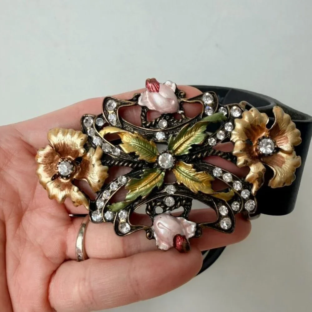 Vintage Style Floral Butterfly Rhinestone Leather Belt - Black/Gold